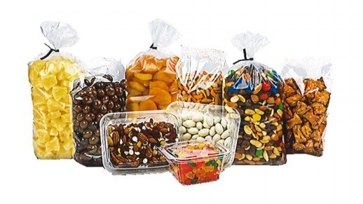Assorted bags of candy, nuts, and pretzels.
