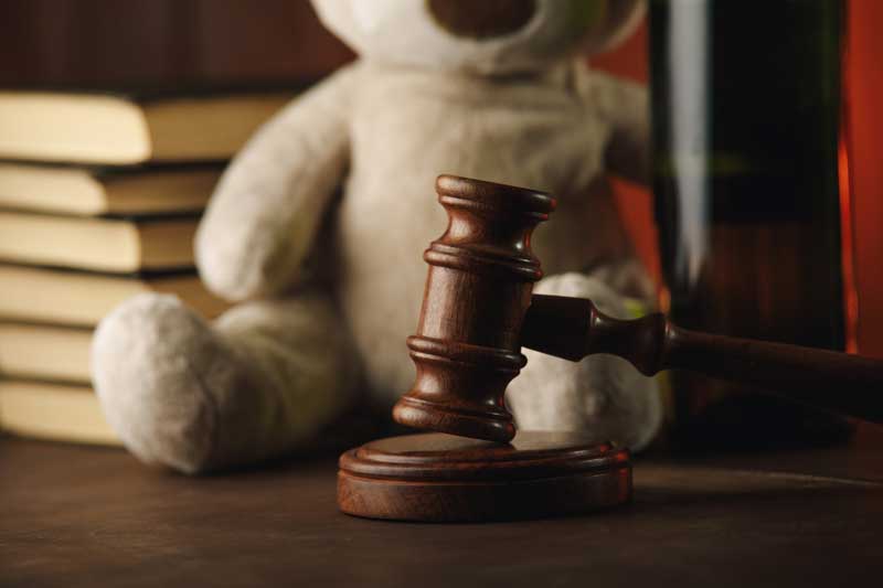 judge's desk with gavel and teddy bear.