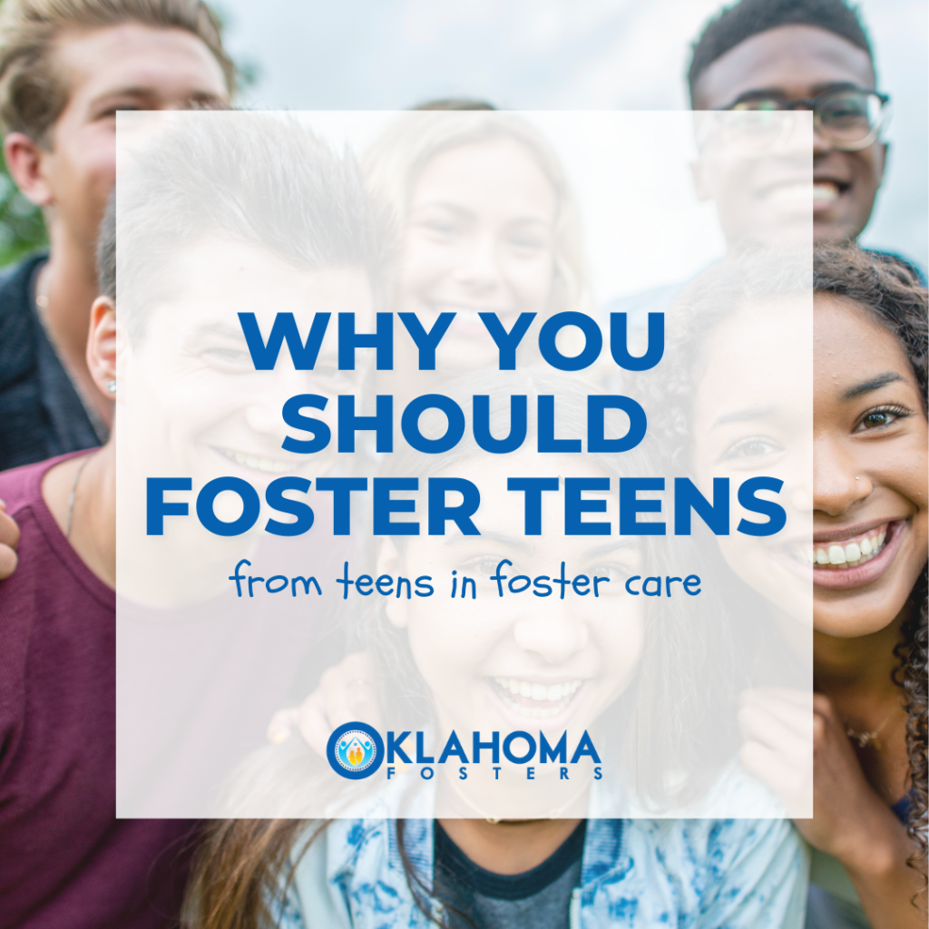 Group of smiling teens with the text "Why You Should Foster Teens from teens in foster care"